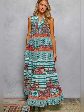 NEW!!! POL Bohemian Striped Teal & Orange Sleeveless Maxi Dress, NWT